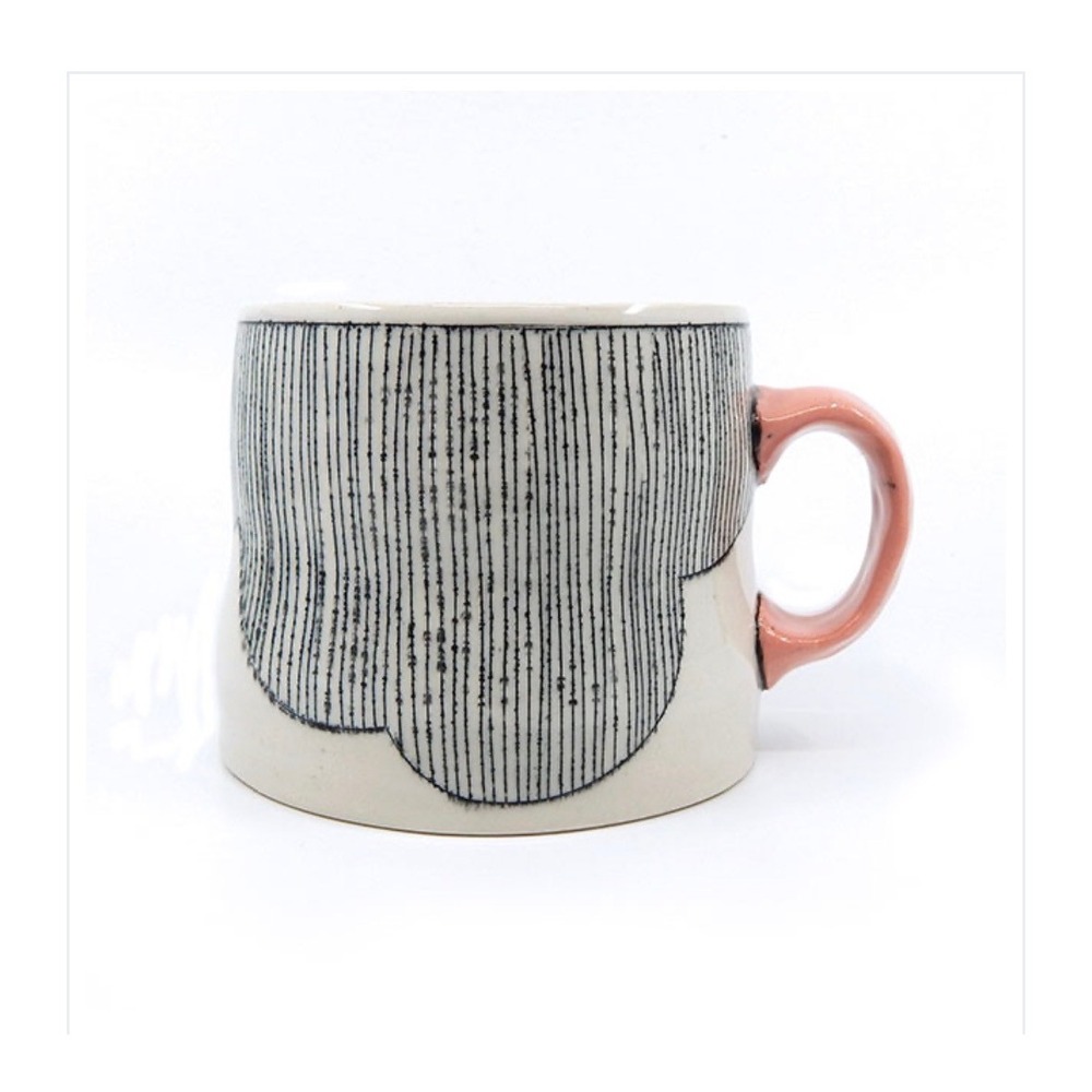 Bri Larson Studio Pottery Mug Sgraffito Geometric Lines Pink Handle Handmade